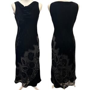 VTG Y2K Evan-Picone Black Velvet Burnout Floral Midi Dress Cowl Neck Witch Small